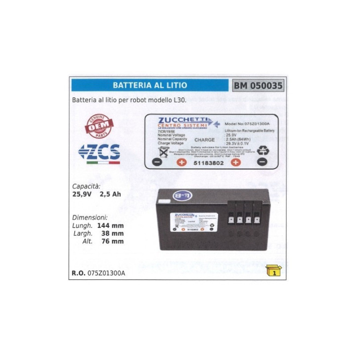 Batterie 2,5Ah 25.2V ZUCCHETTI 075Z01300A