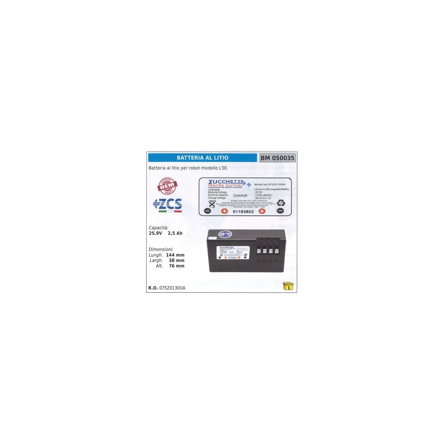 Batterie 2,5Ah 25.2V ZUCCHETTI 075Z01300A